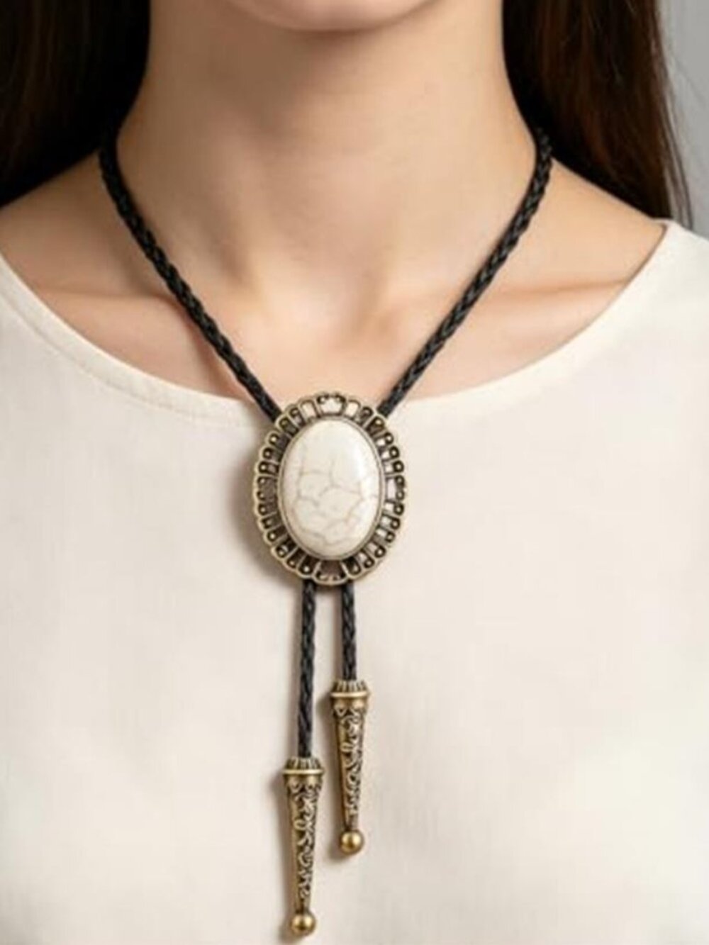 Silver Tone Western Bolo Tie Black Leather Cord Cowboy Rodeo Necktie